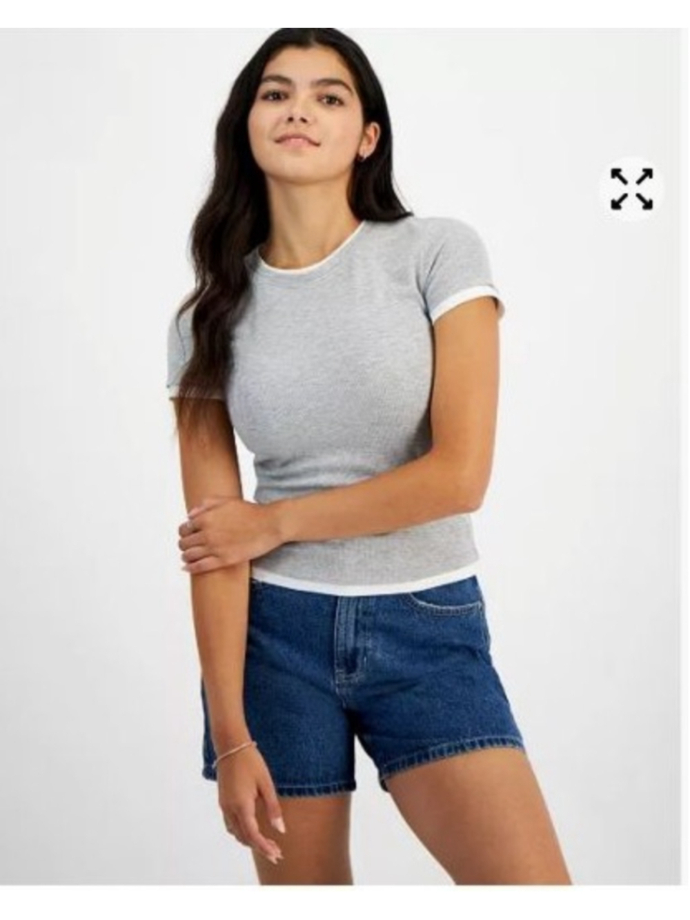 Women's Casual Hippie Rose Gray Ribbed Short Sleeve Tee with White Trim Large